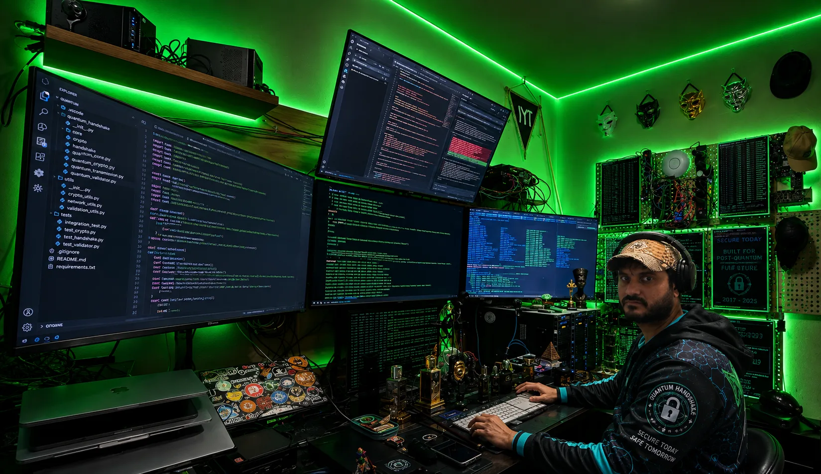 The cyber lab in 2026 — six screens across two tiers running a code editor, terminals and dashboards, a wall of instrumented boards and displays to the right, all under green lab lighting, with Naushad at the keyboard in headphones.