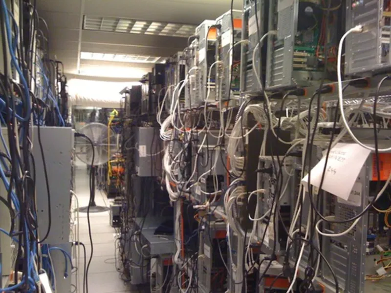 Racks and cabling inside an early data centre.