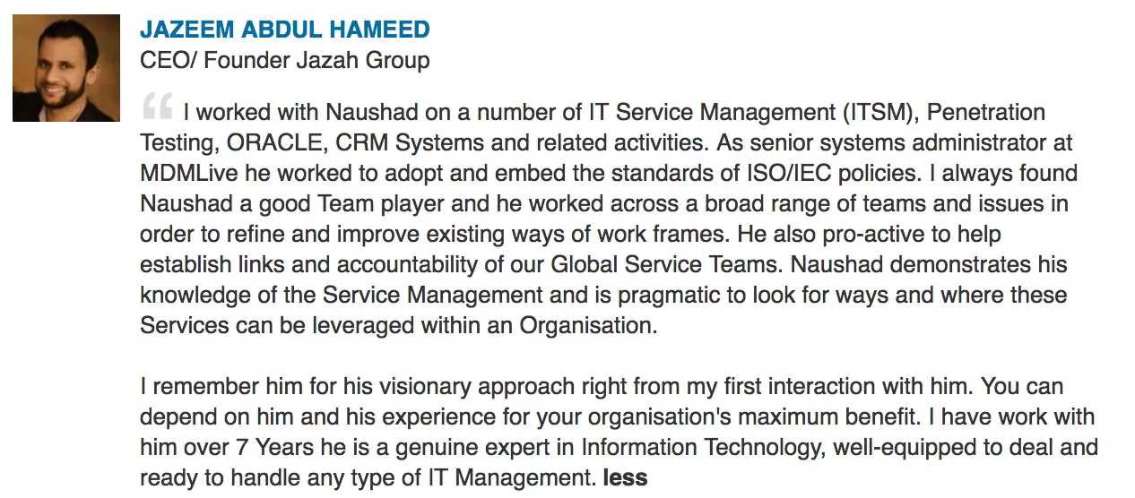Screenshot of the original LinkedIn recommendation
                    from Jazeem Abdul Hameed
