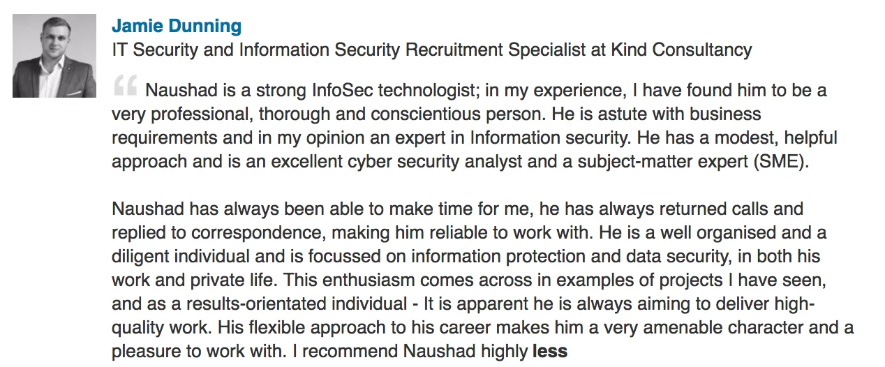 Screenshot of the original LinkedIn recommendation
                    from Jamie Dunning