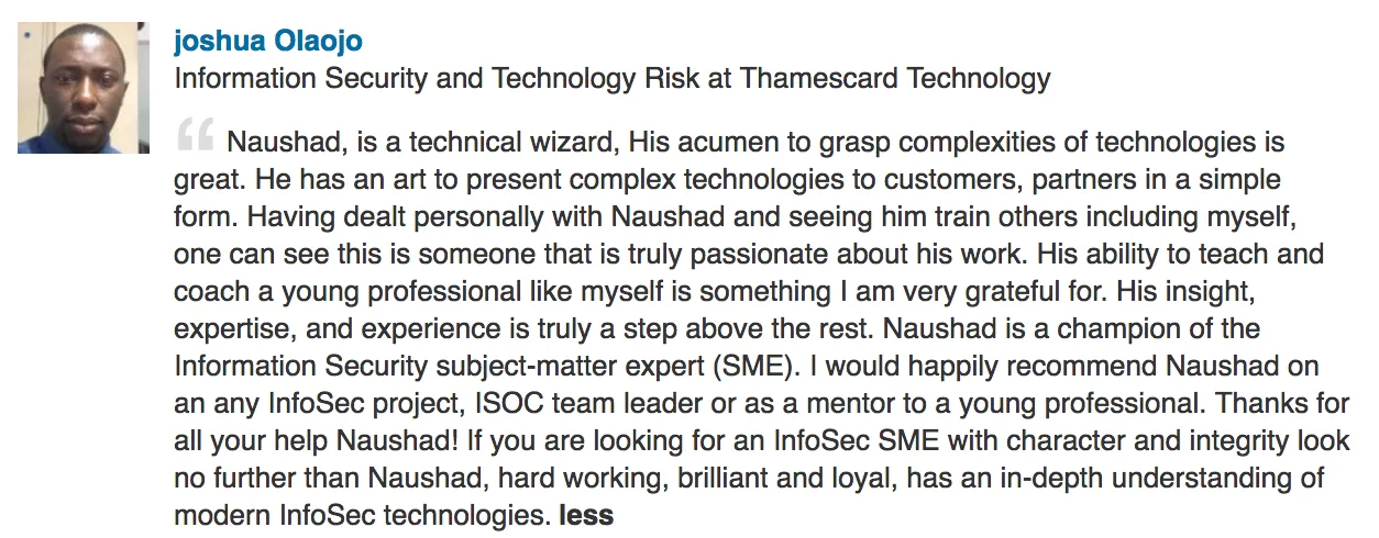 Screenshot of the original LinkedIn recommendation
                    from Joshua Olaojo