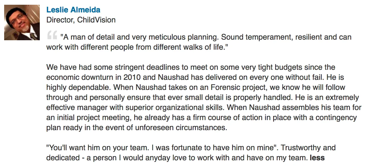 Screenshot of the original LinkedIn recommendation
                    from Leslie Almeida