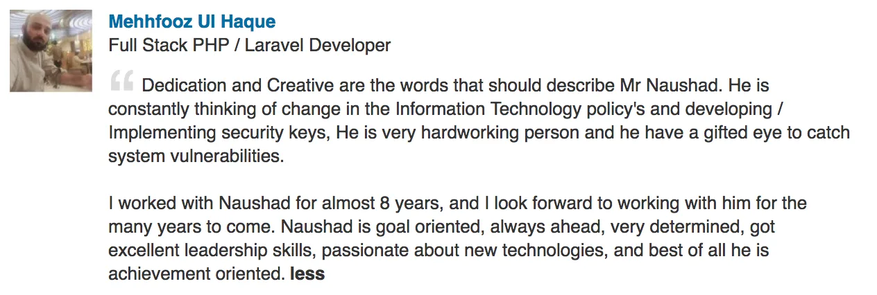 Screenshot of the original LinkedIn recommendation
                    from Mehhfooz Ul Haque