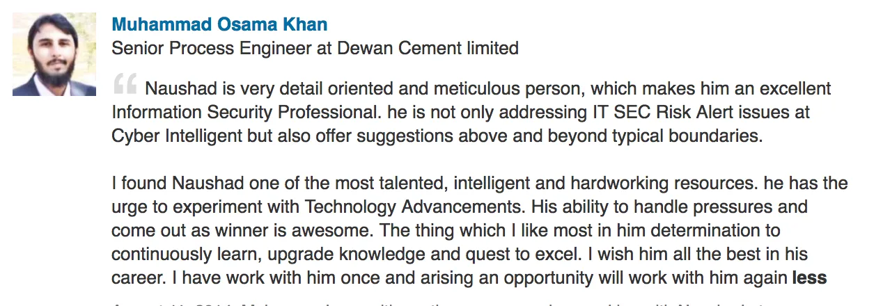 Screenshot of the original LinkedIn recommendation
                    from Muhammad Osama Khan