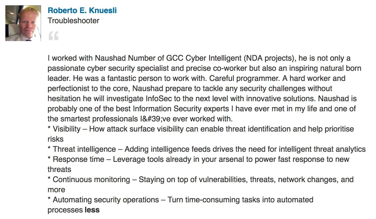 Screenshot of the original LinkedIn recommendation
                    from Roberto E. Knuesli