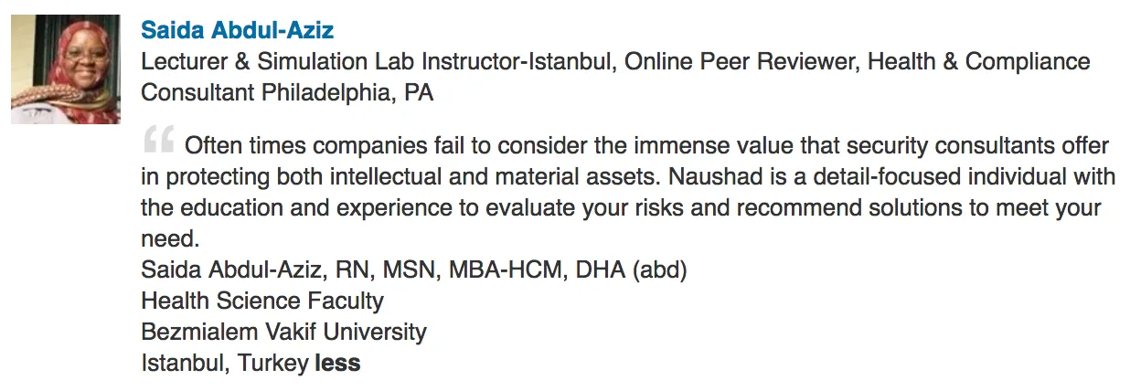 Screenshot of the original LinkedIn recommendation
                    from Saida Abdul-Aziz