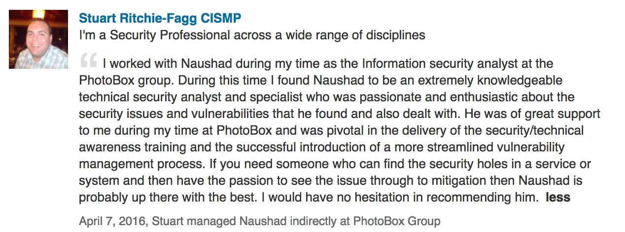 Screenshot of the original LinkedIn recommendation
                    from Stuart Ritchie-Fagg CISMP