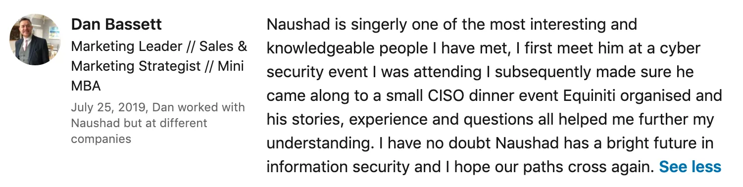 Screenshot of the original LinkedIn recommendation
                    from Dan Bassett
