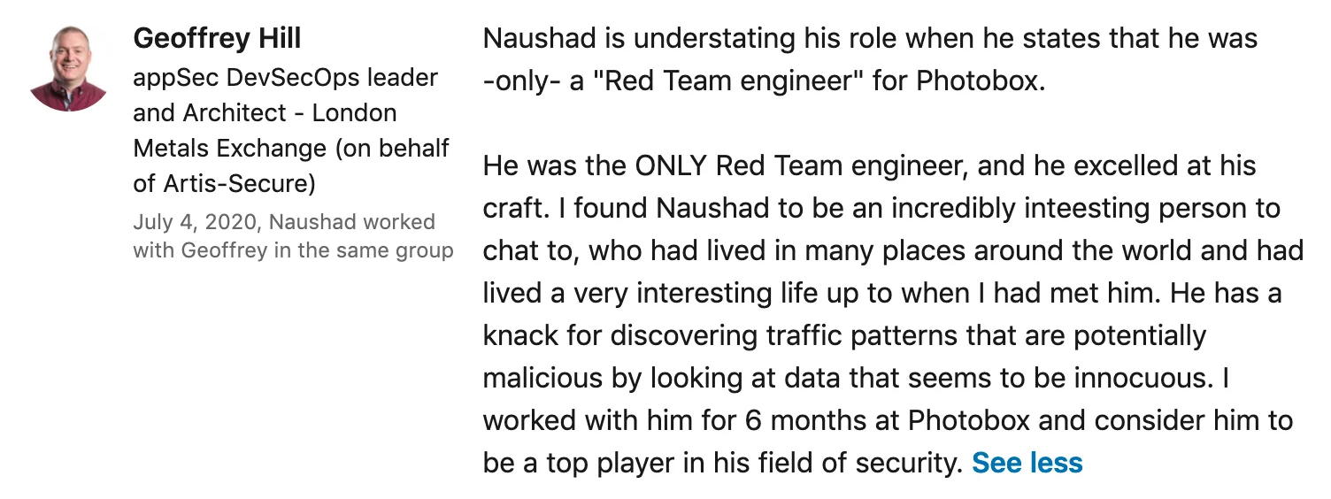 Screenshot of the original LinkedIn recommendation
                    from Geoffrey Hill