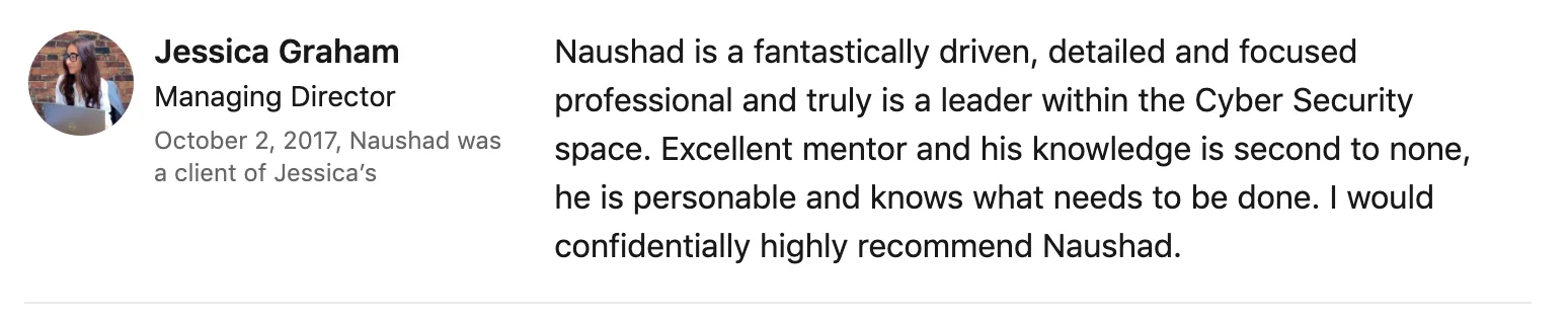 Screenshot of the original LinkedIn recommendation
                    from Jessica Graham