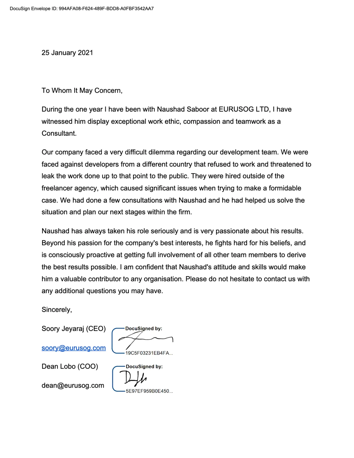 Screenshot of the original Signed reference · DocuSign
                    from Soory Jeyaraj and Dean Lobo