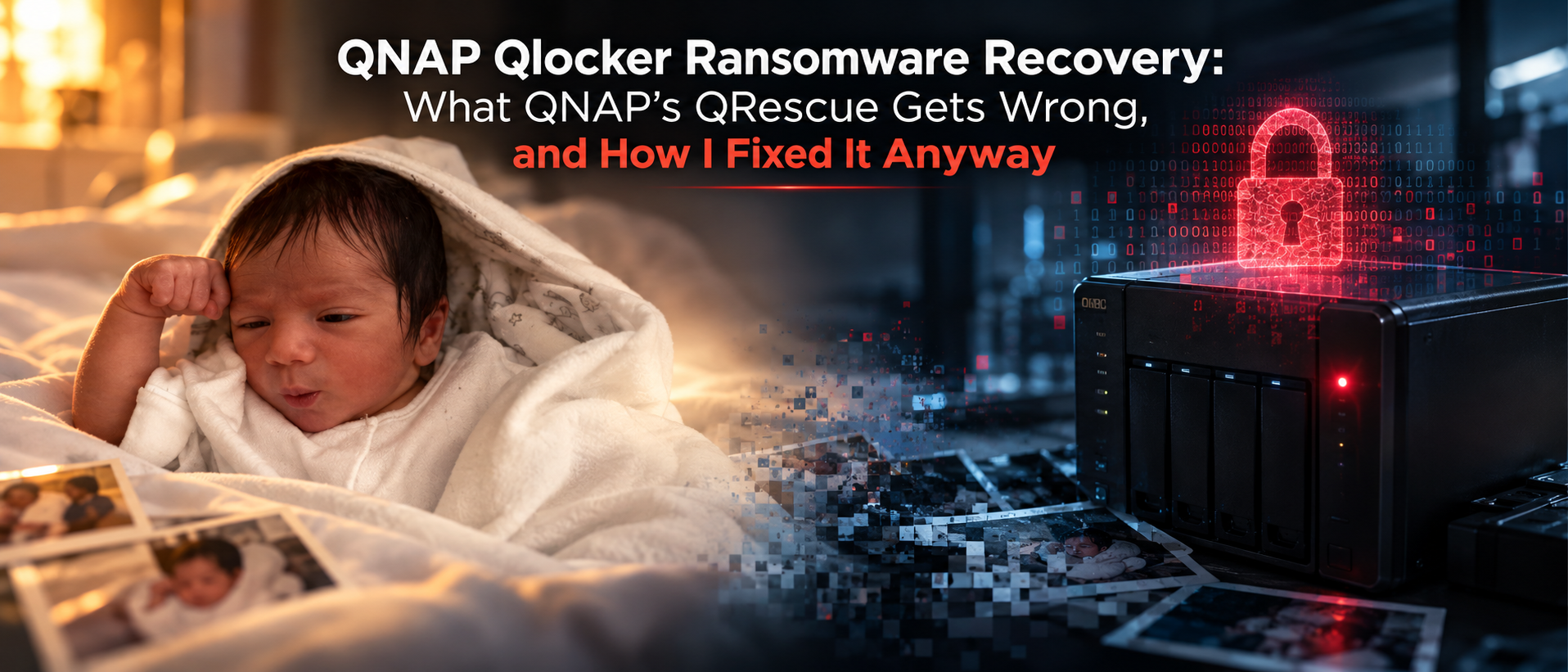 QNAP Qlocker Ransomware Recovery — family photos dissolving into an encrypted NAS
