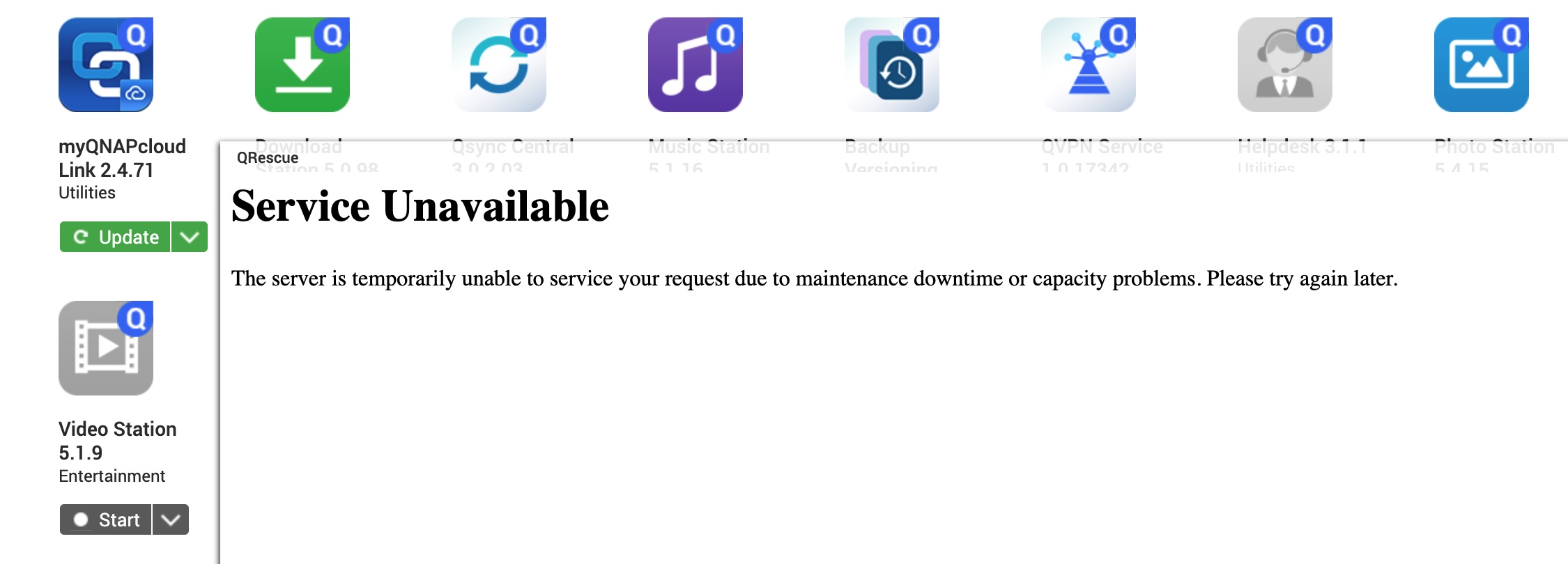 QRescue's web UI returning a generic Service Unavailable error