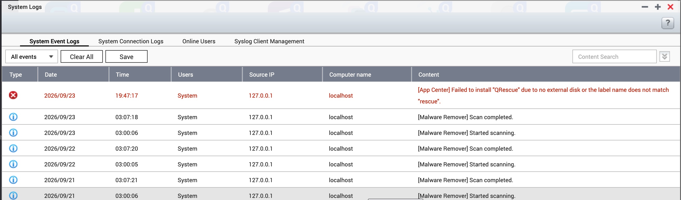 QTS System Event Logs showing the failed QRescue install error