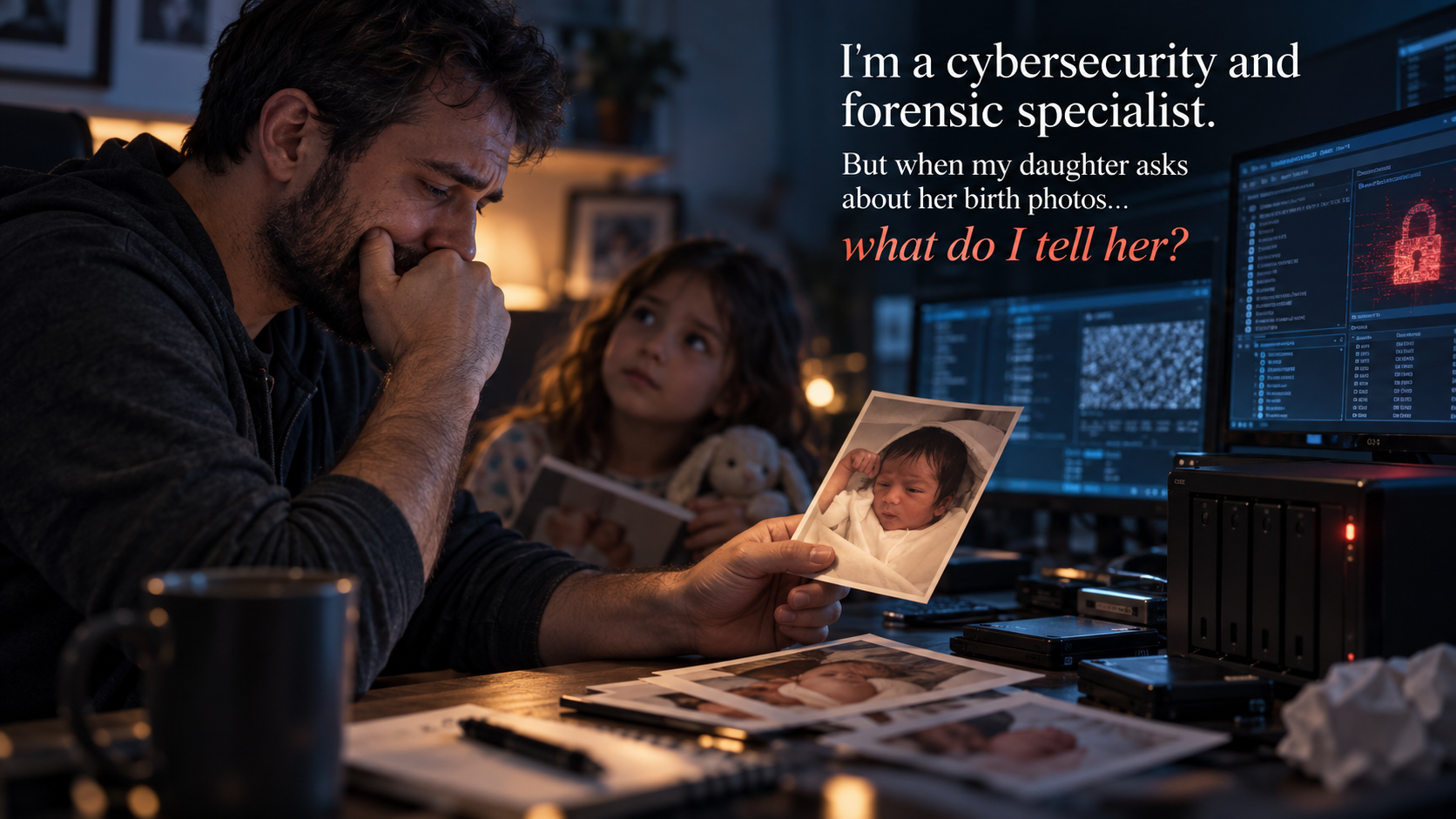 I'm a cybersecurity and forensic specialist. But when my daughter asks about her birth photos... what do I tell her?